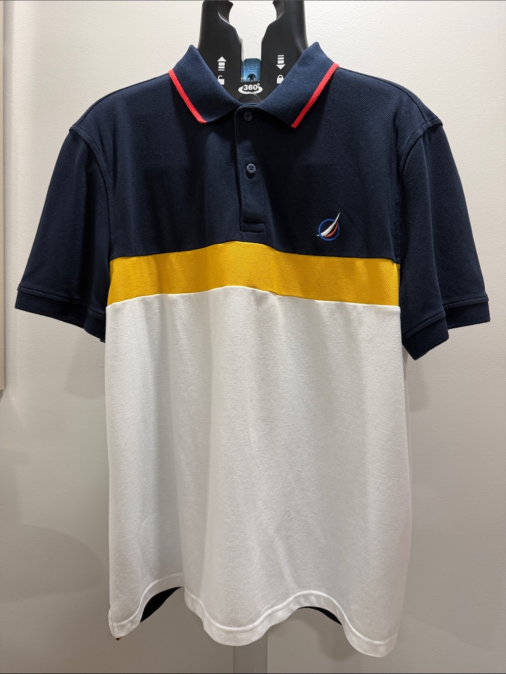 Men Nautica Navy, Yellow & White Colorblock Polo with Red-Trim Collar
